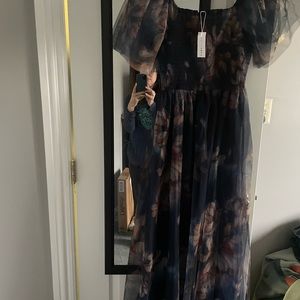 Navy with brown flowers tulle dress. Too long for my 5’2” height.